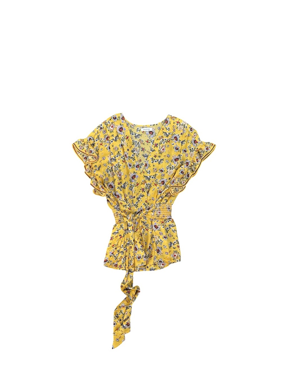 Max Studio Yellow Floral Ruffle Tie-Waist Blouse